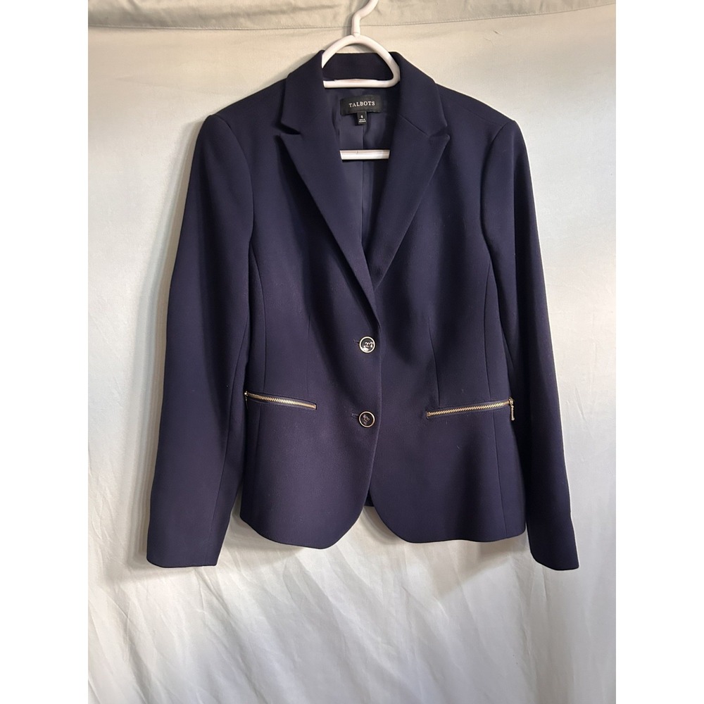 Talbots Navy Blue Blazer Women's 6 Gold Tone Buttons Zip Pockets Career Jacket